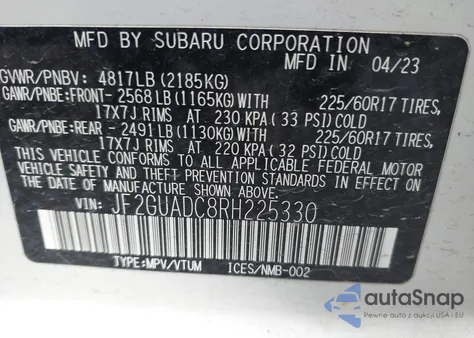 2024 Subaru Crosstrek Premium z USA, uszkodzony, nr VIN JF2GUADC8RH225330